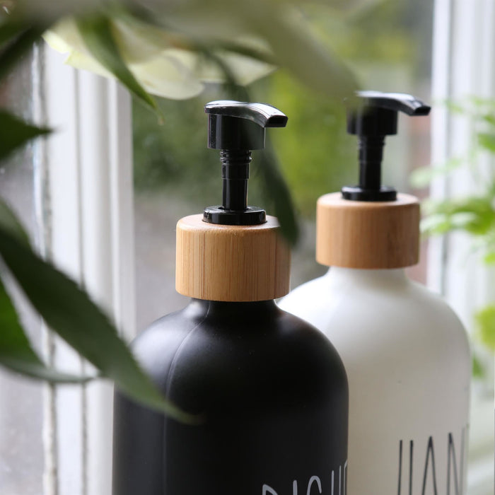 2pc 500ml Black & White Glass Hand & Dish Soap Dispenser Set with Ceramic Tray