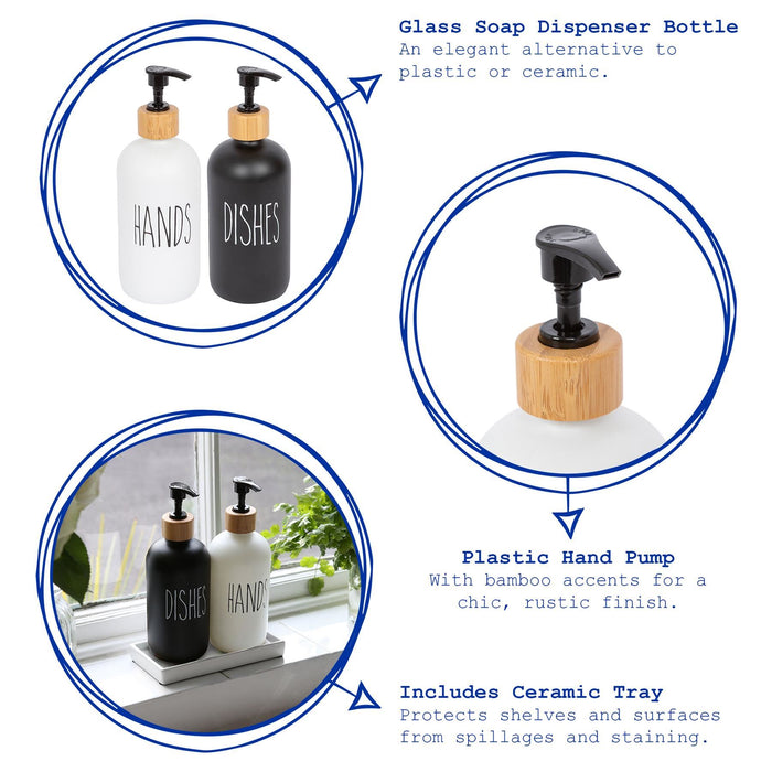 2pc 500ml Black & White Glass Hand & Dish Soap Dispenser Set with Ceramic Tray