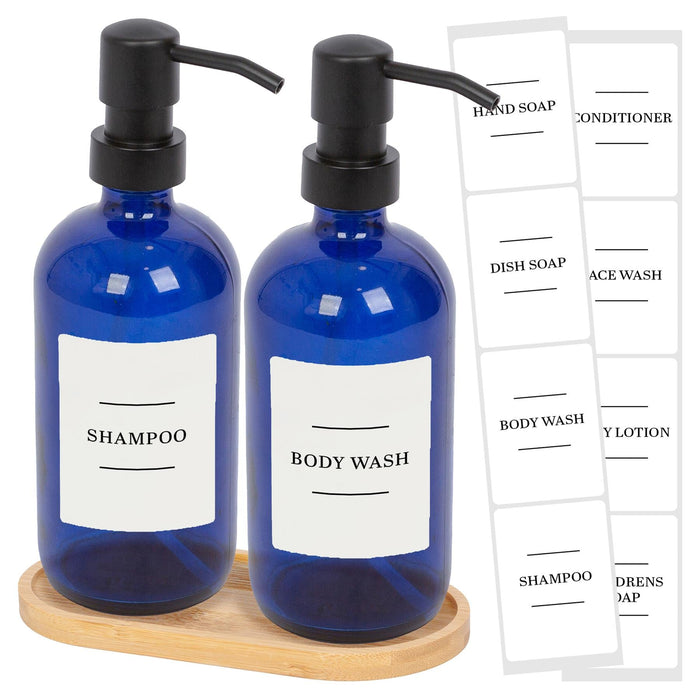 2pc 500ml Blue Glass Soap Dispenser with White Labels & Bamboo Tray