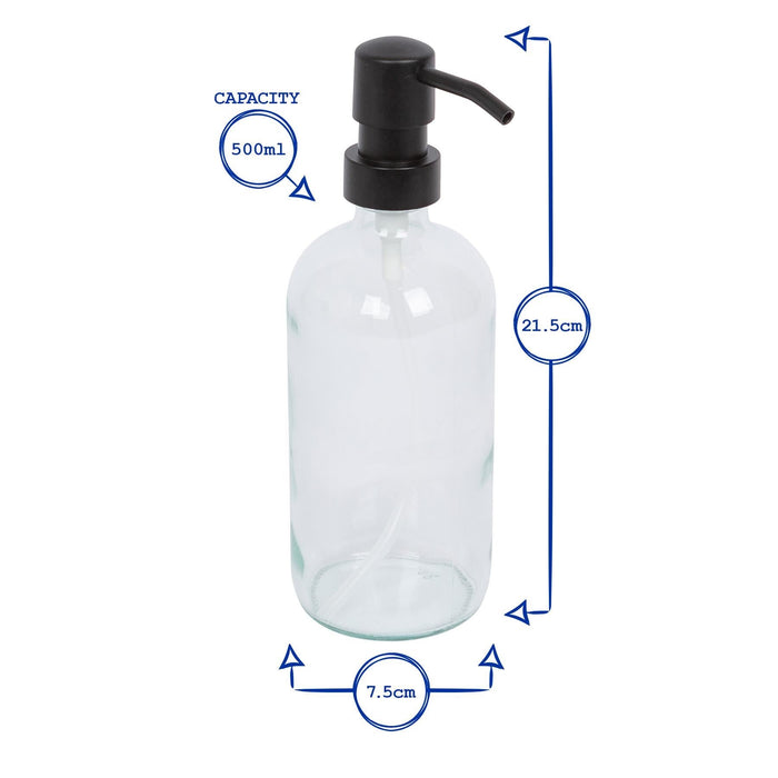 2pc 500ml Blue Glass Soap Dispenser with White Labels & Bamboo Tray