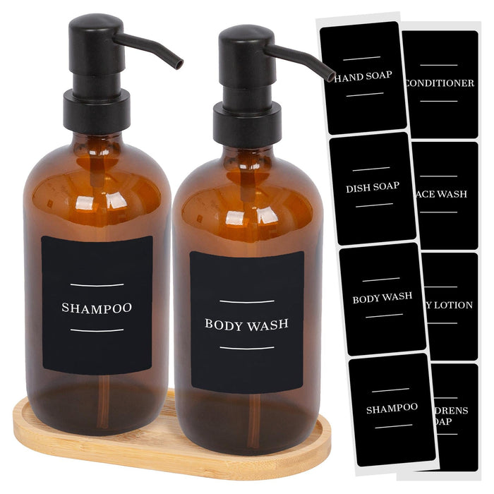 2pc 500ml Glass Soap Dispenser with Labels & Bamboo Tray