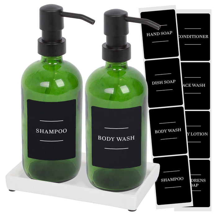 2pc 500ml Green Glass Soap Dispenser with Black Labels & Ceramic Tray