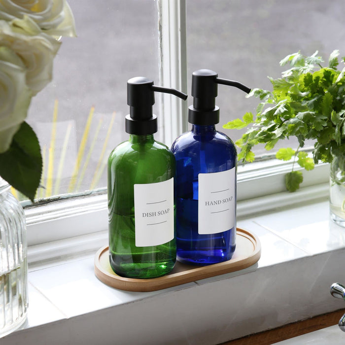 2pc 500ml Green Glass Soap Dispenser with White Labels & Bamboo Tray