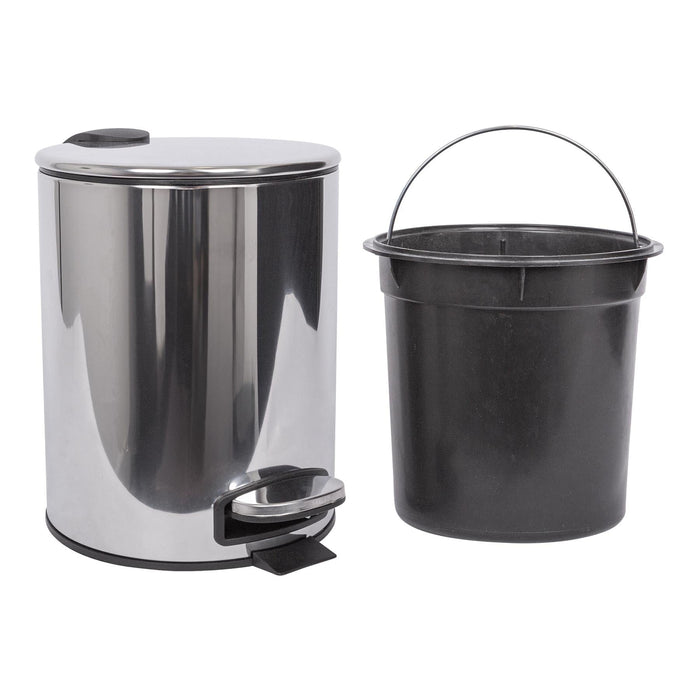 2pc 5L Chrome Round Stainless Steel Pedal Bin & Toilet Brush Set