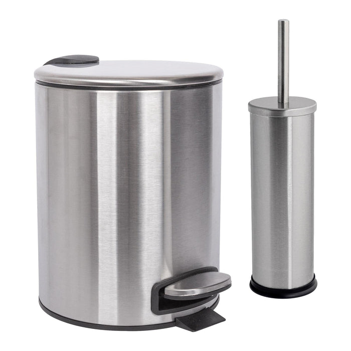 2pc 5L Round Brushed Stainless Steel Pedal Bin & Toilet Brush Set