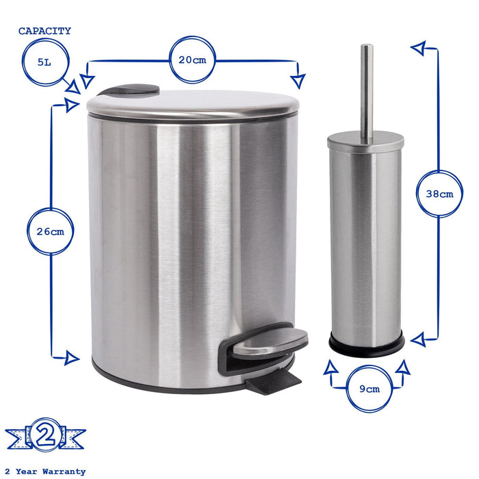 2pc 5L Round Brushed Stainless Steel Pedal Bin & Toilet Brush Set