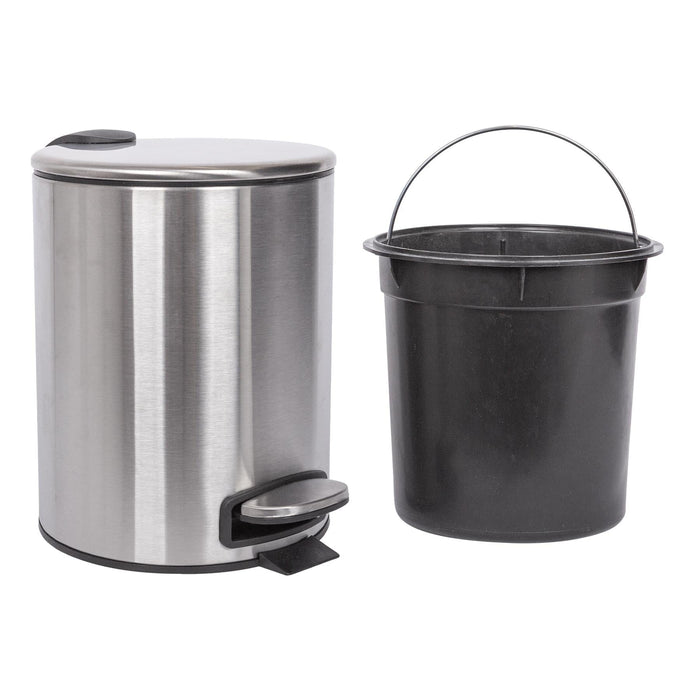 2pc 5L Round Brushed Stainless Steel Pedal Bin & Toilet Brush Set