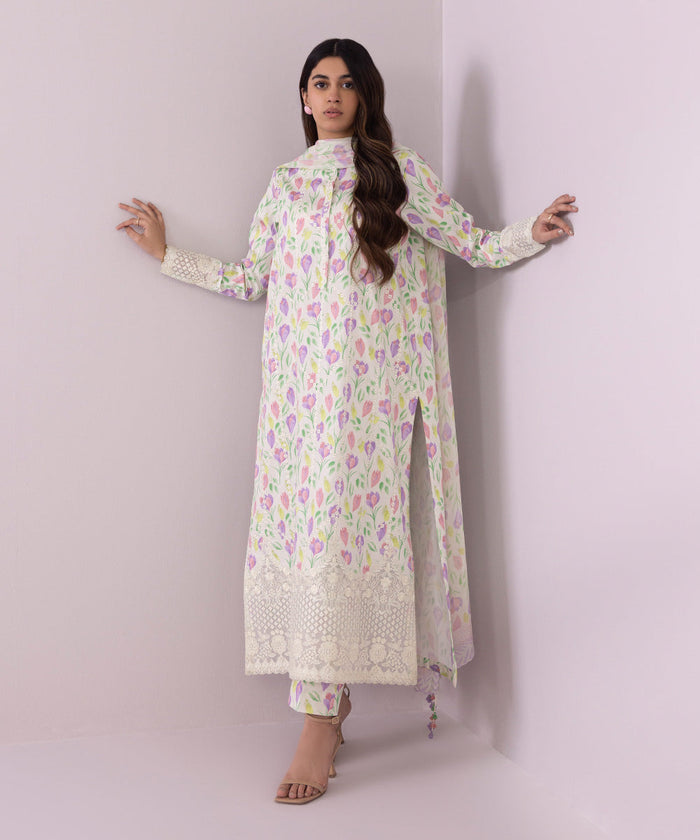 3 Piece - Embroidered Cotton Satin Suit