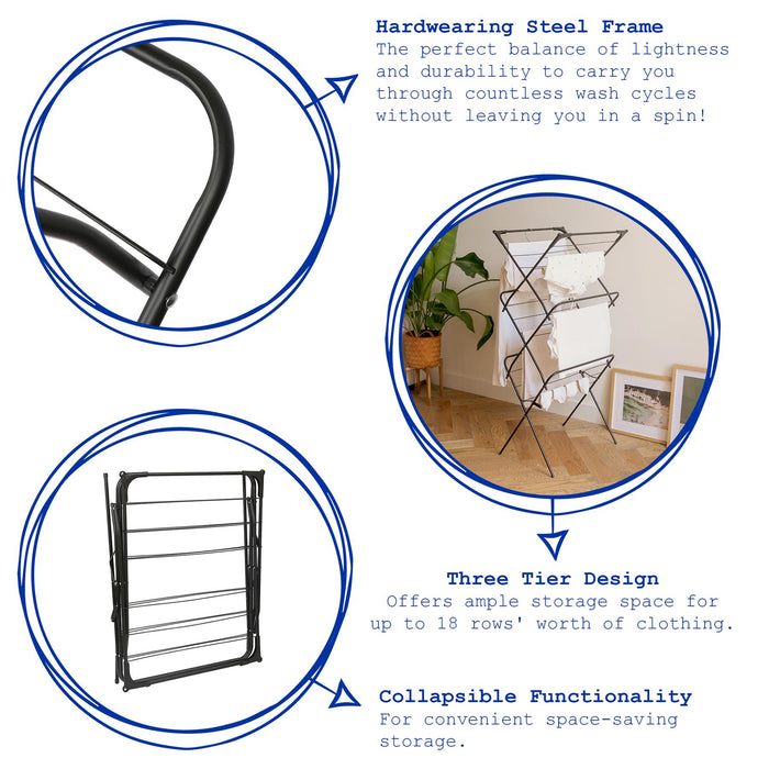 3 Tier Foldable Clothes Airer - Black