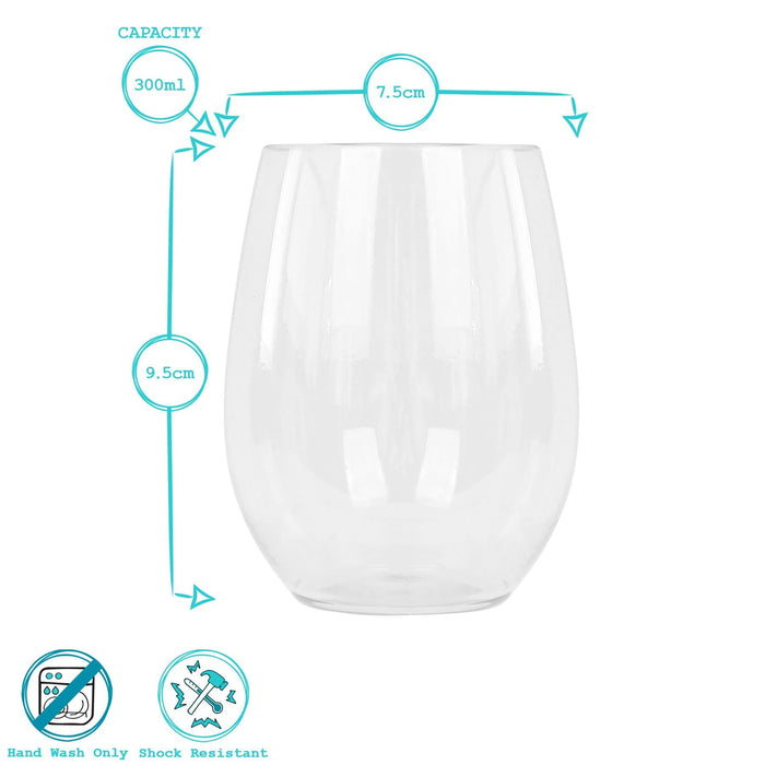 300ml Reusable Plastic Stemless Wine Glasses - Pack of Six