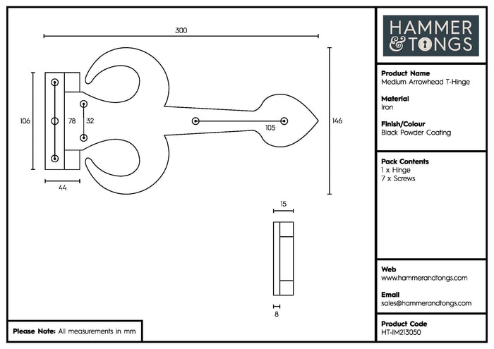 300mm Black Arrowhead T-Hinge