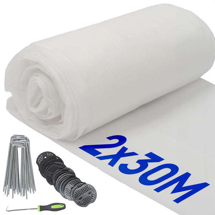 30gsm Garden Plant Frost Protection Fleece with Pegs & Plates - 2m x 30m Total (3 Rolls)