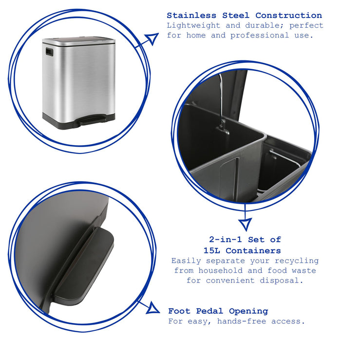 30L Matt Black Stainless Steel Double Kitchen Pedal Bin (2 x 15L)