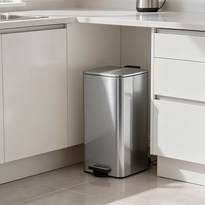 30L Square Brushed Stainless Steel Kitchen Pedal Bin