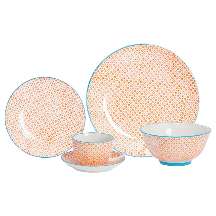 30pc Hand-Printed Orange Floral Stoneware Dinner Set