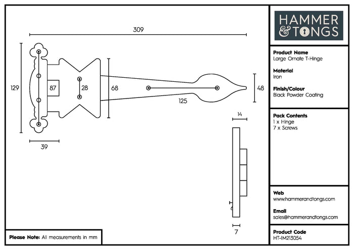 310mm Black Ornate T-Hinge