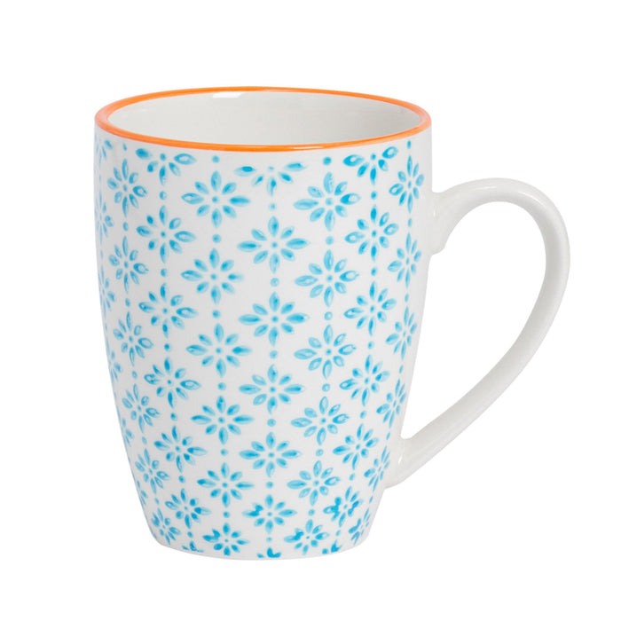 360ml Blue Hand Printed Stoneware Coffee Mugs - Pack of Six