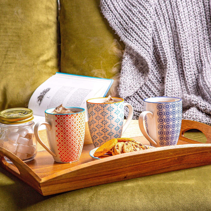 360ml Floral Multicoloured Hand Printed Stoneware Coffee Mugs - Pack of Six
