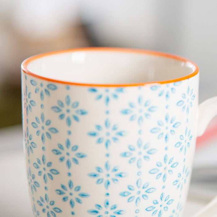 360ml Floral Multicoloured Hand Printed Stoneware Coffee Mugs - Pack of Six