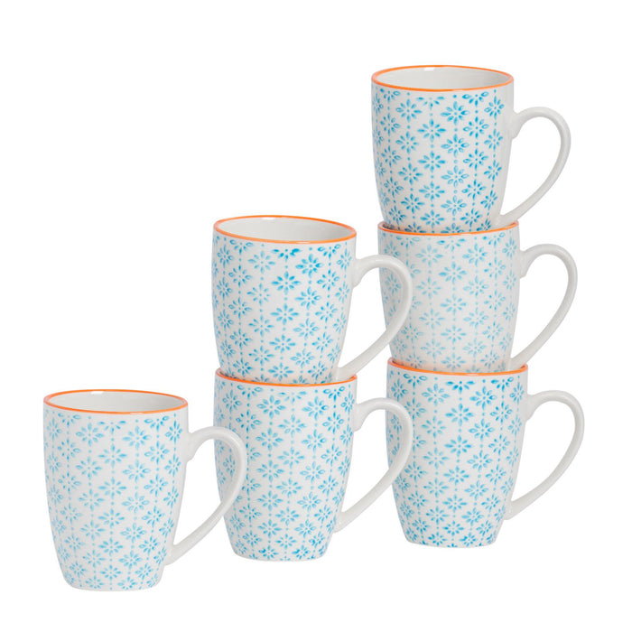 360ml Hand Printed Stoneware Coffee Mugs - Pack of Six