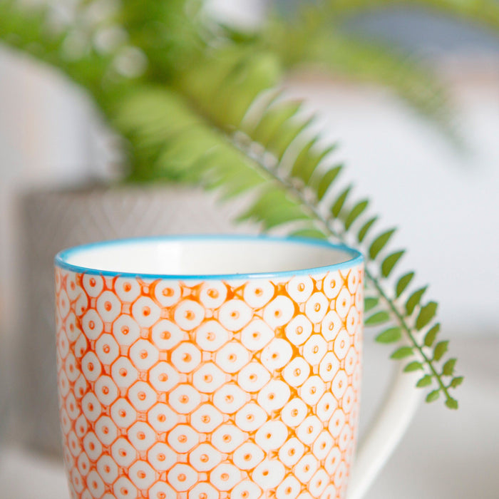 360ml Orange Hand Printed Stoneware Coffee Mugs - Pack of Six