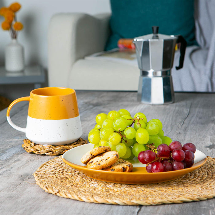 370ml Yellow Colour Block Flecked Stoneware Belly Mug
