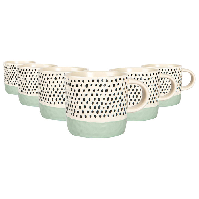 385ml Blue Colour Block Spot Portuguese Stoneware Coffee Mugs - Pack of Six