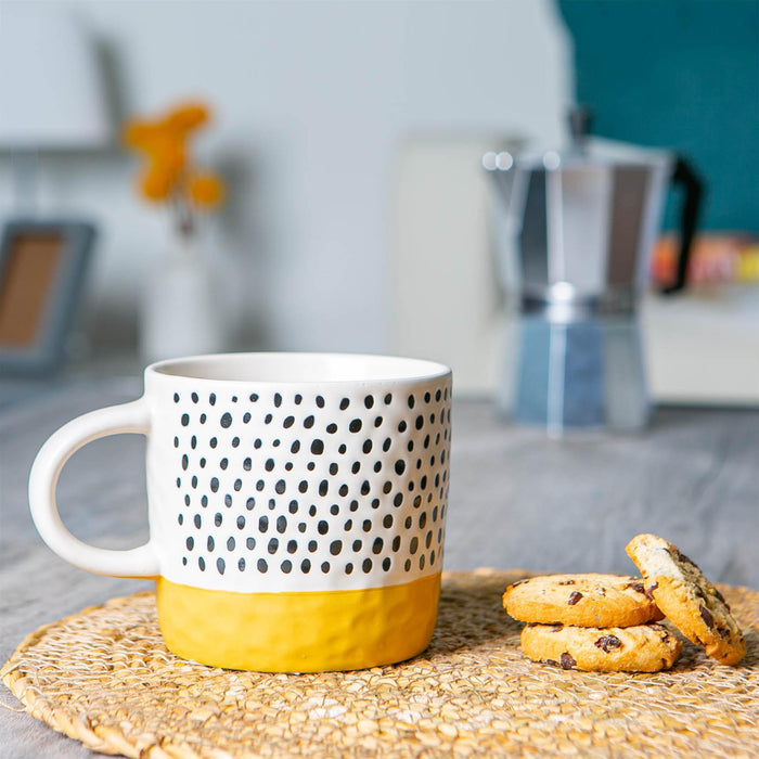 385ml Colour Block Spot Portuguese Stoneware Coffee Mugs - 4 Colours