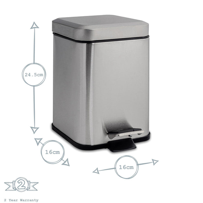 3L Brushed Steel Square Bathroom Pedal Bin