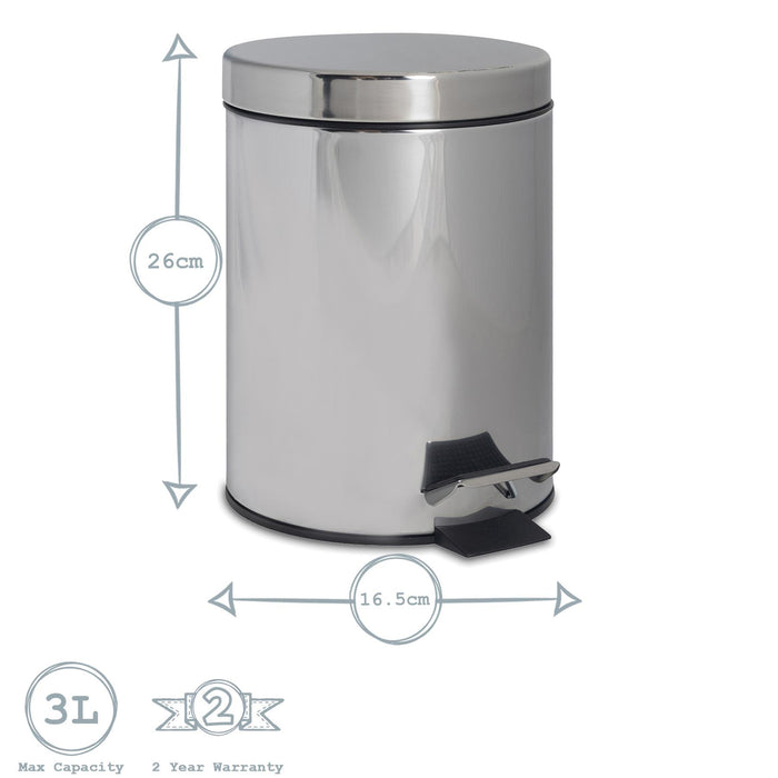 3L Chrome Round Stainless Steel Bathroom Pedal Bin