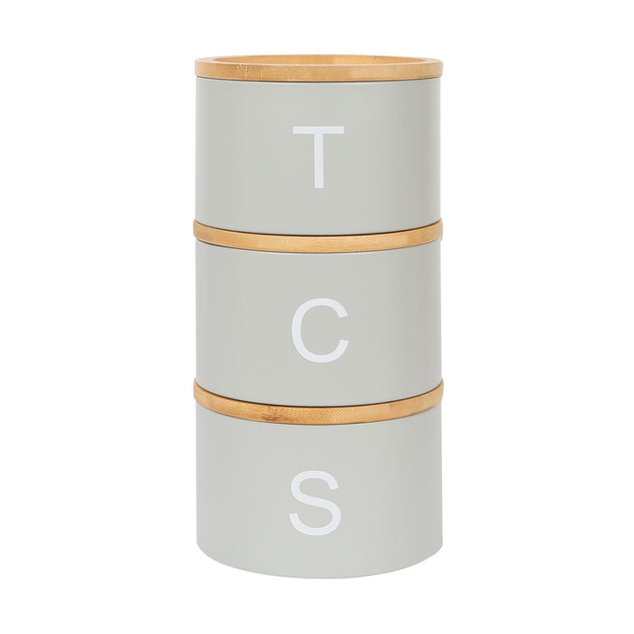 3pc Stacking Tea Coffee Sugar Grey Canister Set with Bamboo Lids