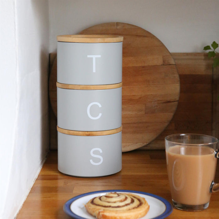 3pc Stacking Tea Coffee Sugar Grey Canister Set with Bamboo Lids