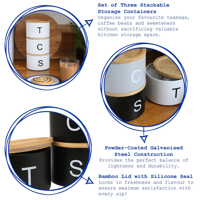 3pc Stacking Tea Coffee Sugar Grey Canister Set with Bamboo Lids
