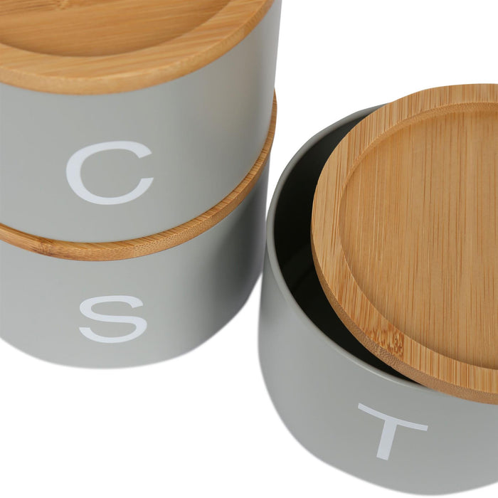 3pc Stacking Tea Coffee Sugar Grey Canister Set with Bamboo Lids