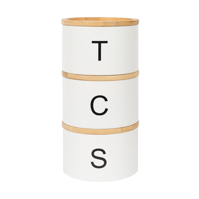3pc Stacking Tea Coffee Sugar White Canister Set with Bamboo Lids