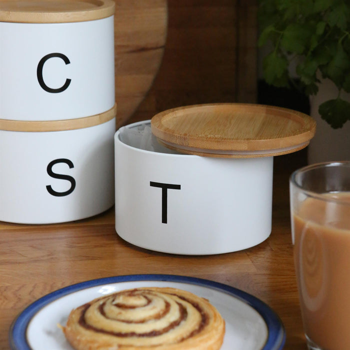 3pc Stacking Tea Coffee Sugar White Canister Set with Bamboo Lids