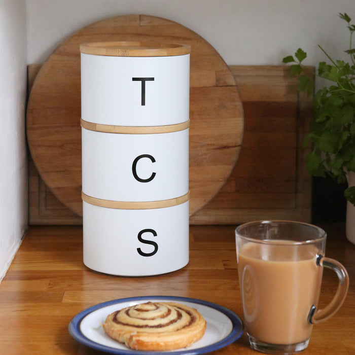 3pc Stacking Tea Coffee Sugar White Canister Set with Bamboo Lids