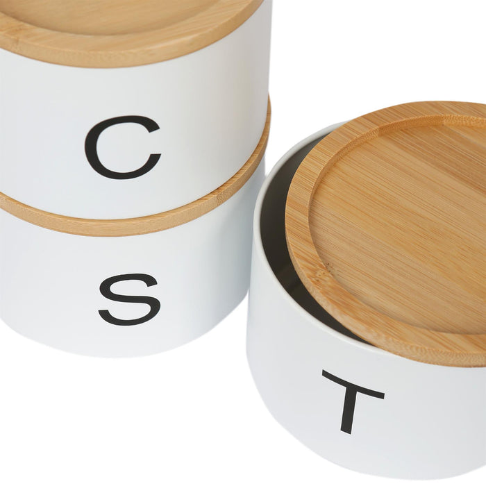 3pc Stacking Tea Coffee Sugar White Canister Set with Bamboo Lids
