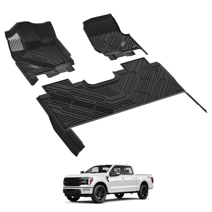 3W Floor Mats (with Metal Pedals) for Ford F-150 2015-2026 & F150 Lightning 2022-2025 SuperCrew (with Fold Flat Storage), TPE All Weather Custom Fit, Front & Rear 3PCS | Heavy Duty, Easy Clean - Black