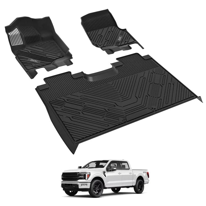 3W Floor Mats (with Metal Pedals) for Ford F-150 2015-2026 & F150 Lightning 2022-2025 SuperCrew (without Fold Flat Storage), TPE All Weather Custom Fit, Front & Rear 3PCS | Heavy Duty, Easy Clean - Black