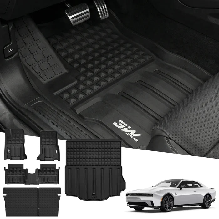 3W Floor Mats & Cargo Liner & Seatback Mats for 2024-2025 2026 Dodge Charger EV Daytona (Fit 2-Door, Not for 4-Door) Scat Pack & R/T, All Weather TPE Custom Fit Car Mats Floor Liners Full Set, Black