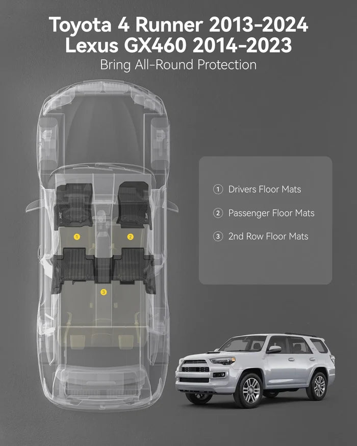 3W Toyota 4Runner 2013-2024 Custom Floor Mats TPE Material & All-Weather Protection (Only for 5 Seat) Vehicles & Parts 3Wliners