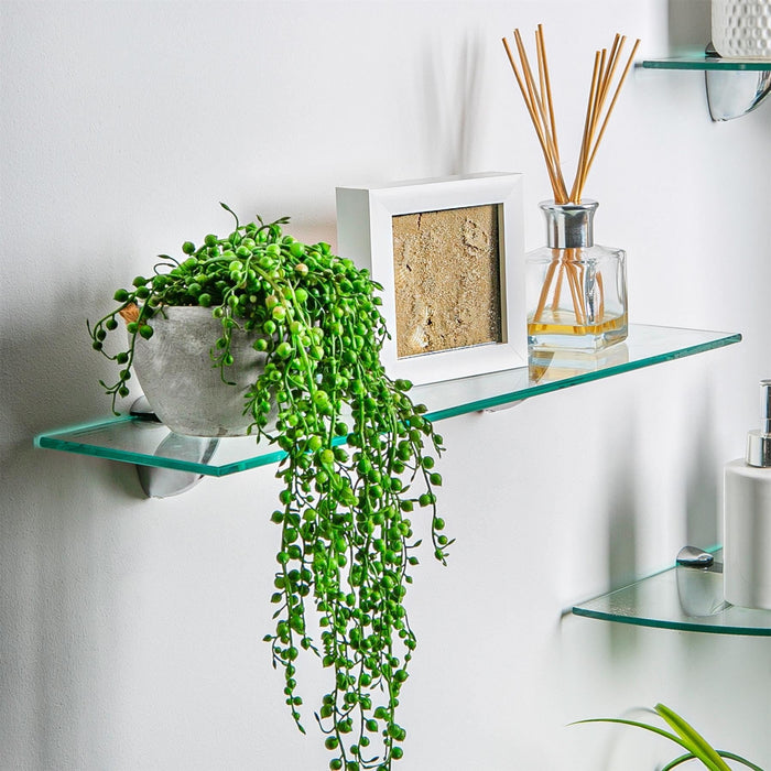 40cm Rounded Floating Glass Shelf with Black Fixings