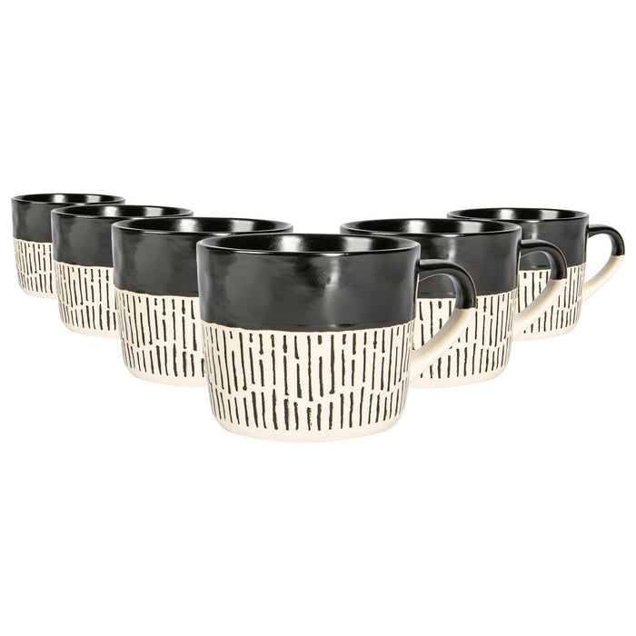 450ml Black Colour Block Dash Stoneware Coffee Mugs - Pack of Six