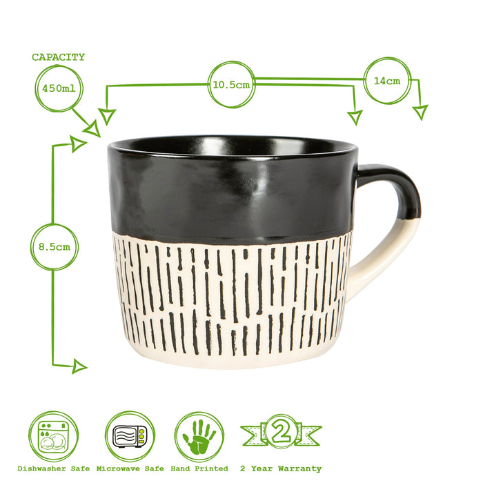 450ml Black Colour Block Dash Stoneware Coffee Mugs - Pack of Six