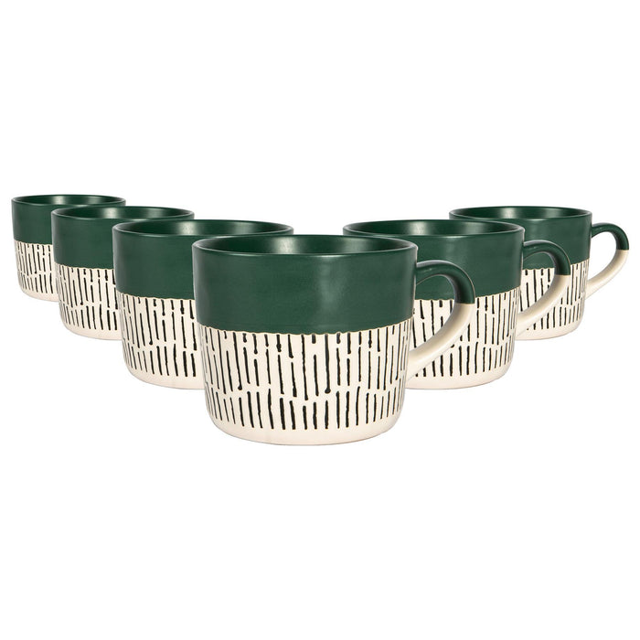 450ml Green Colour Block Dash Stoneware Coffee Mugs - Pack of Six