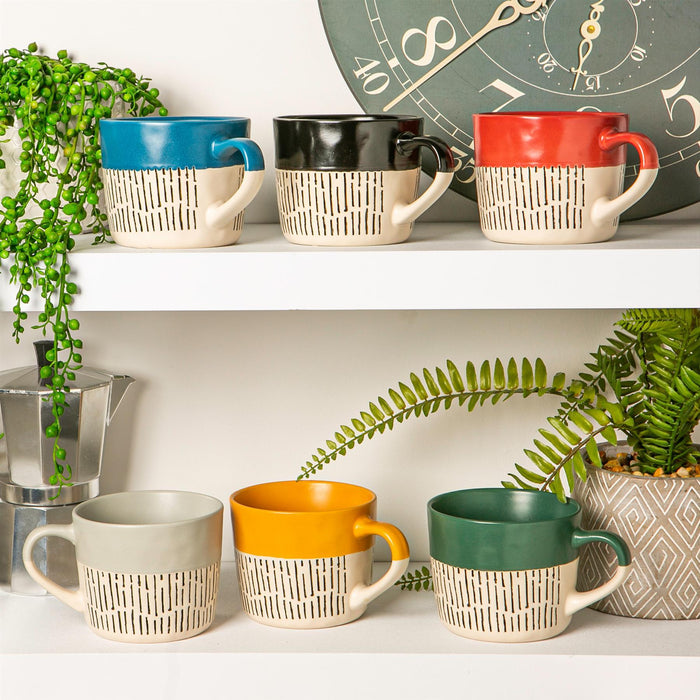 450ml Green Colour Block Dash Stoneware Coffee Mugs - Pack of Six