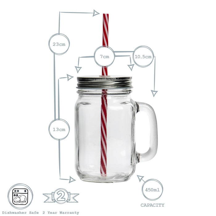 450ml Mason Drinking Jar Glasses with Straws - Pack of Four