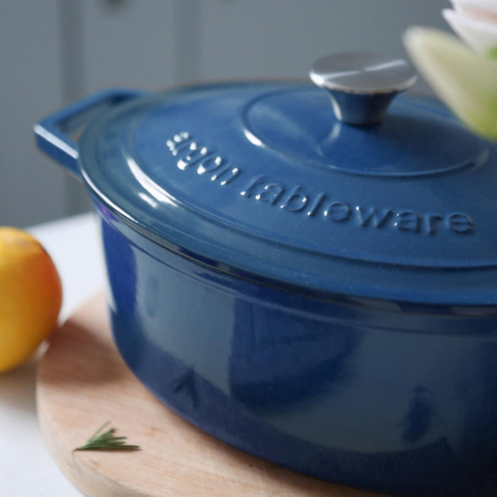 4.68L Dark Blue Oval Cast Iron Casserole Dish