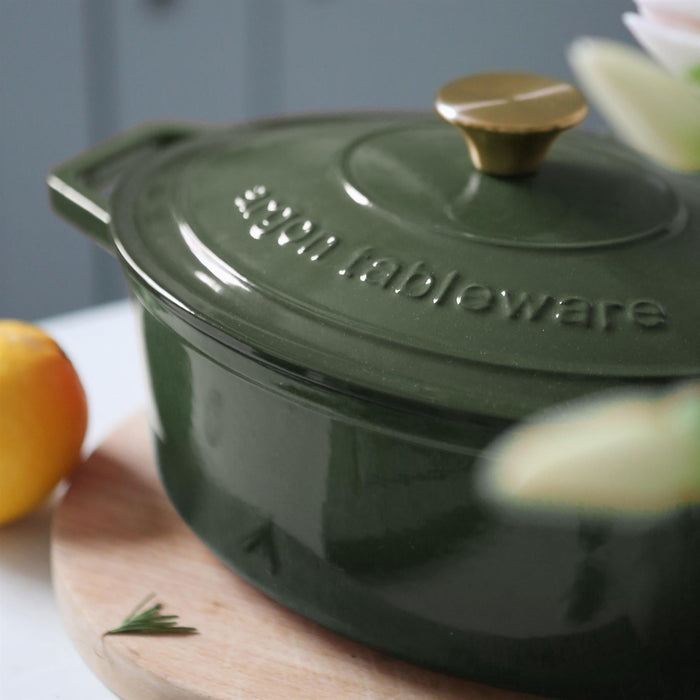 4.68L Dark Green Oval Cast Iron Casserole Dish